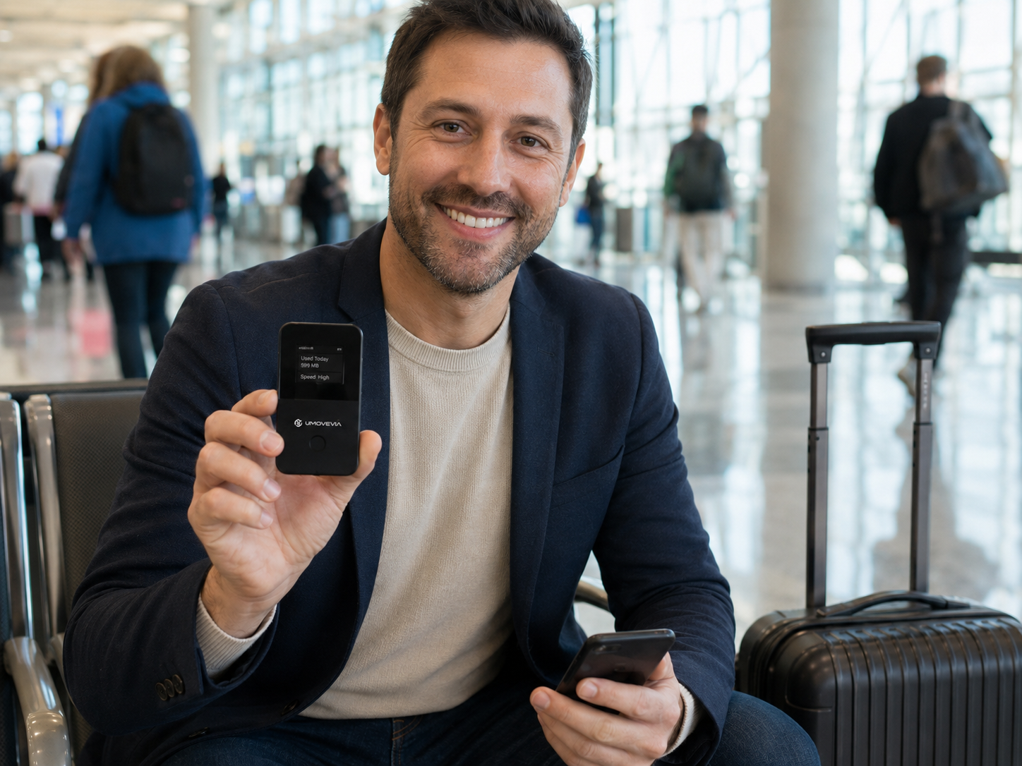 Business traveler using UMOVEVIA at an airport