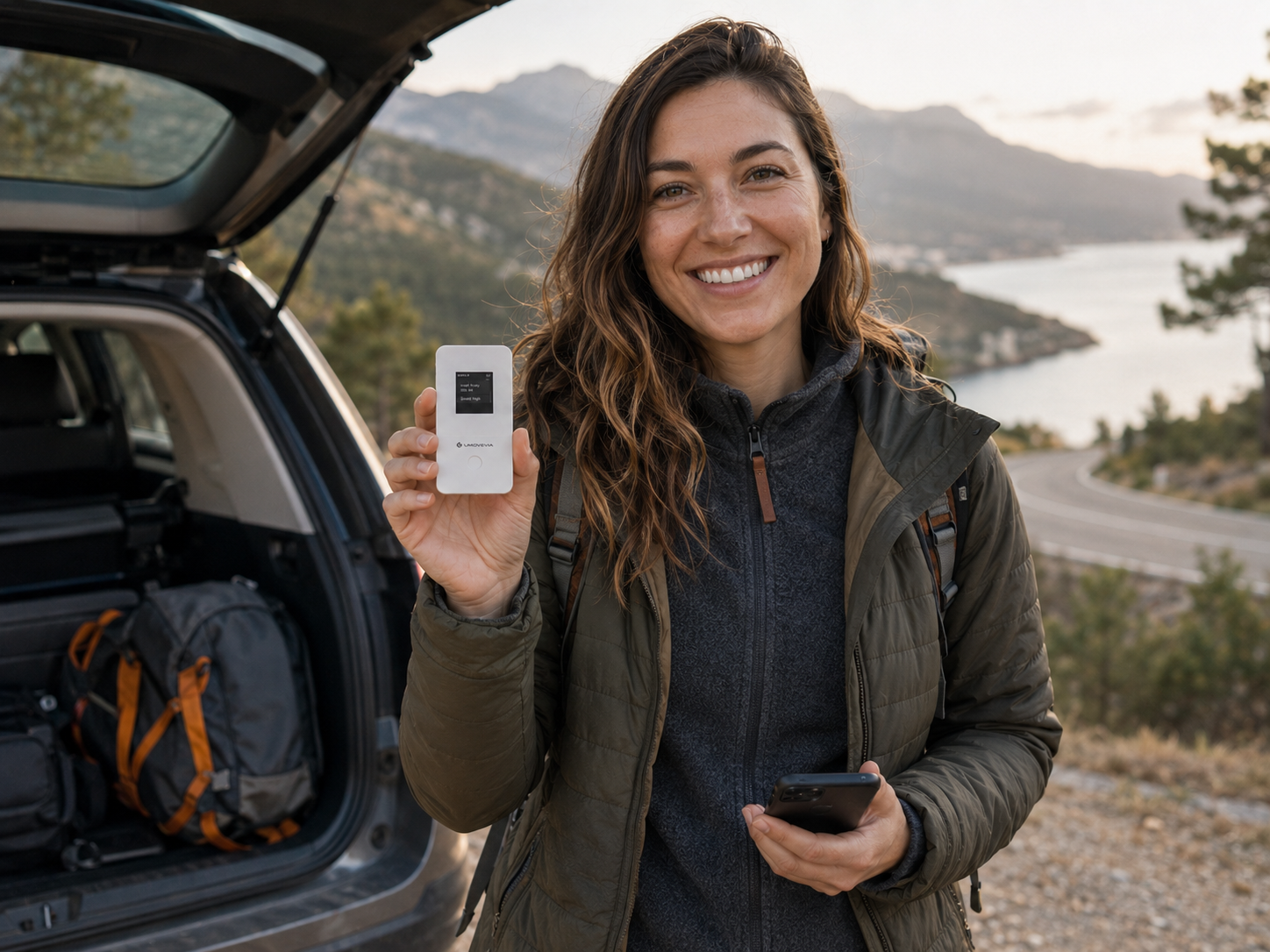 Road trip traveler holding a UMOVEVIA device